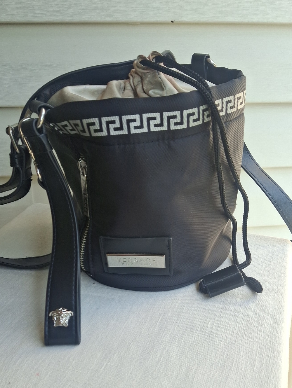 Versace Black Nylon Greek Key Drawstring Crossbody Bucket Bag